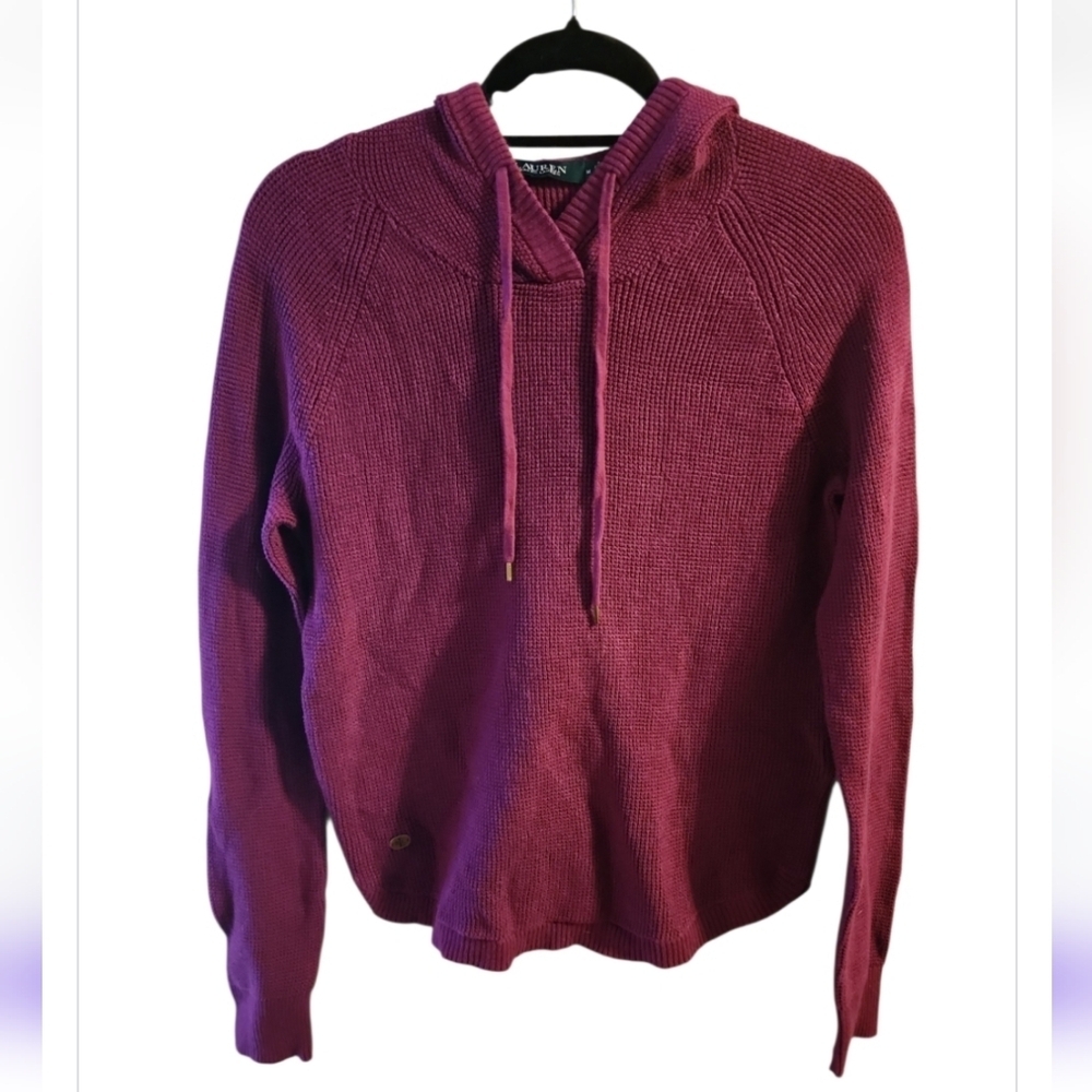 Lauren Ralph Lauren Hooded Sweater Womens Medium Cranberry Waffle Knit Cotton